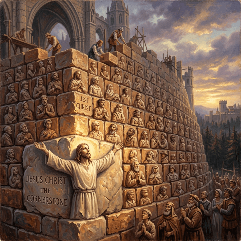 Jesus Christ as cornerstone surrounded by sculpted human figures in a stone wall under construction