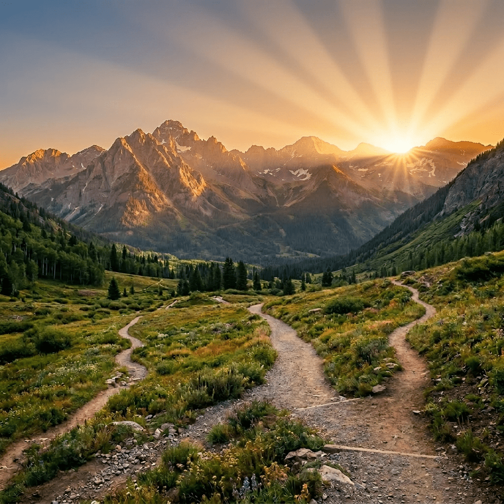 Three hikers walking on intersecting dirt trails in a green valley with mountain peaks and sunlight rays