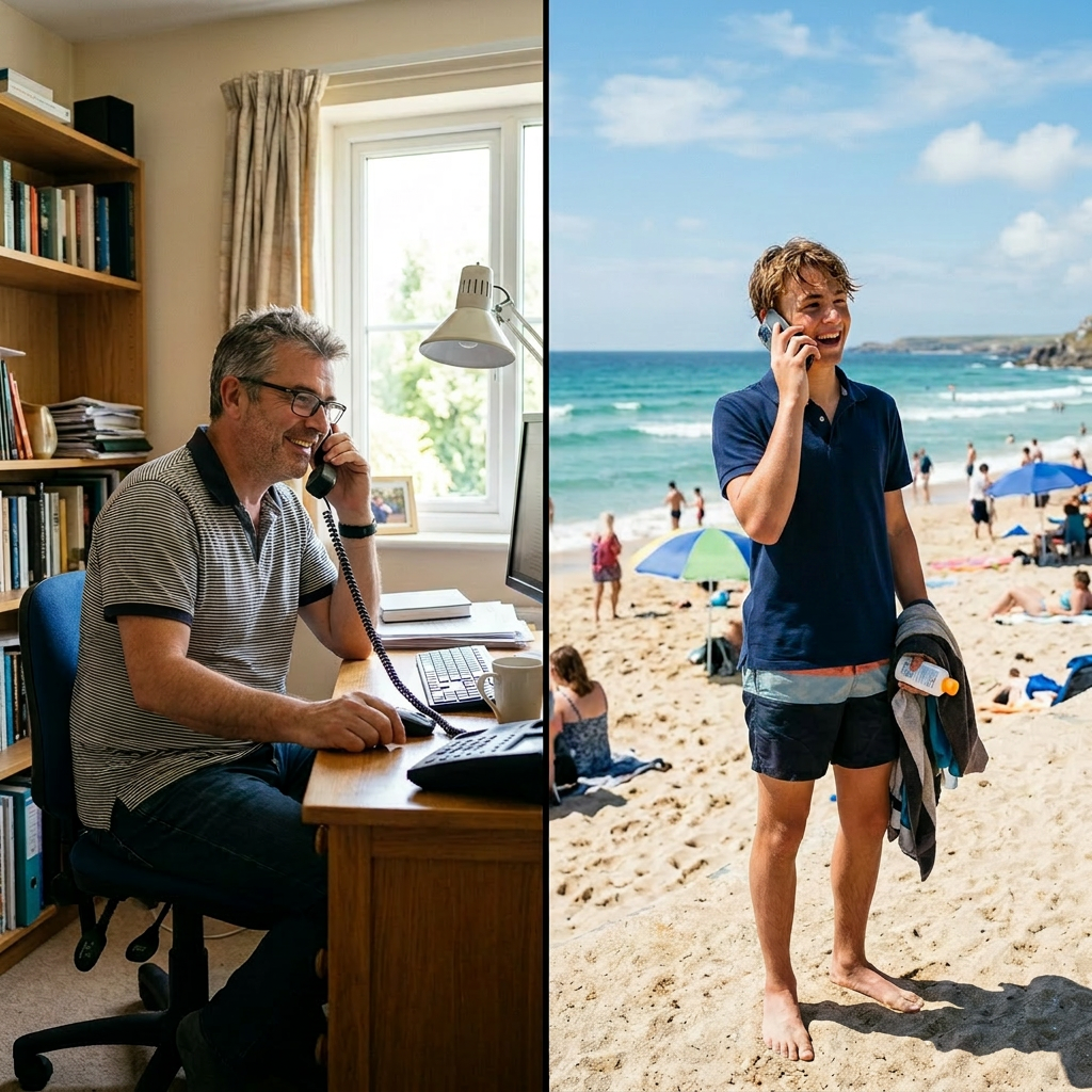 Man talking on desk phone in home office and teenager talking on mobile phone at beach